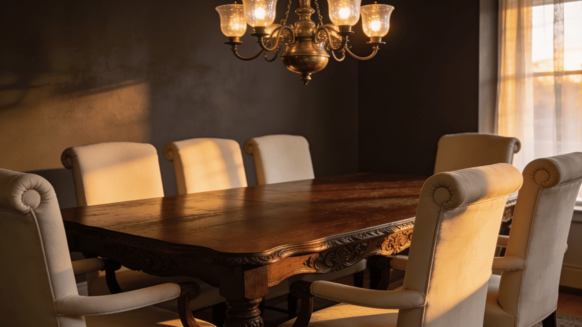 dining room with deep brown gray walls dark wood table cream chairs and warm evening lighting