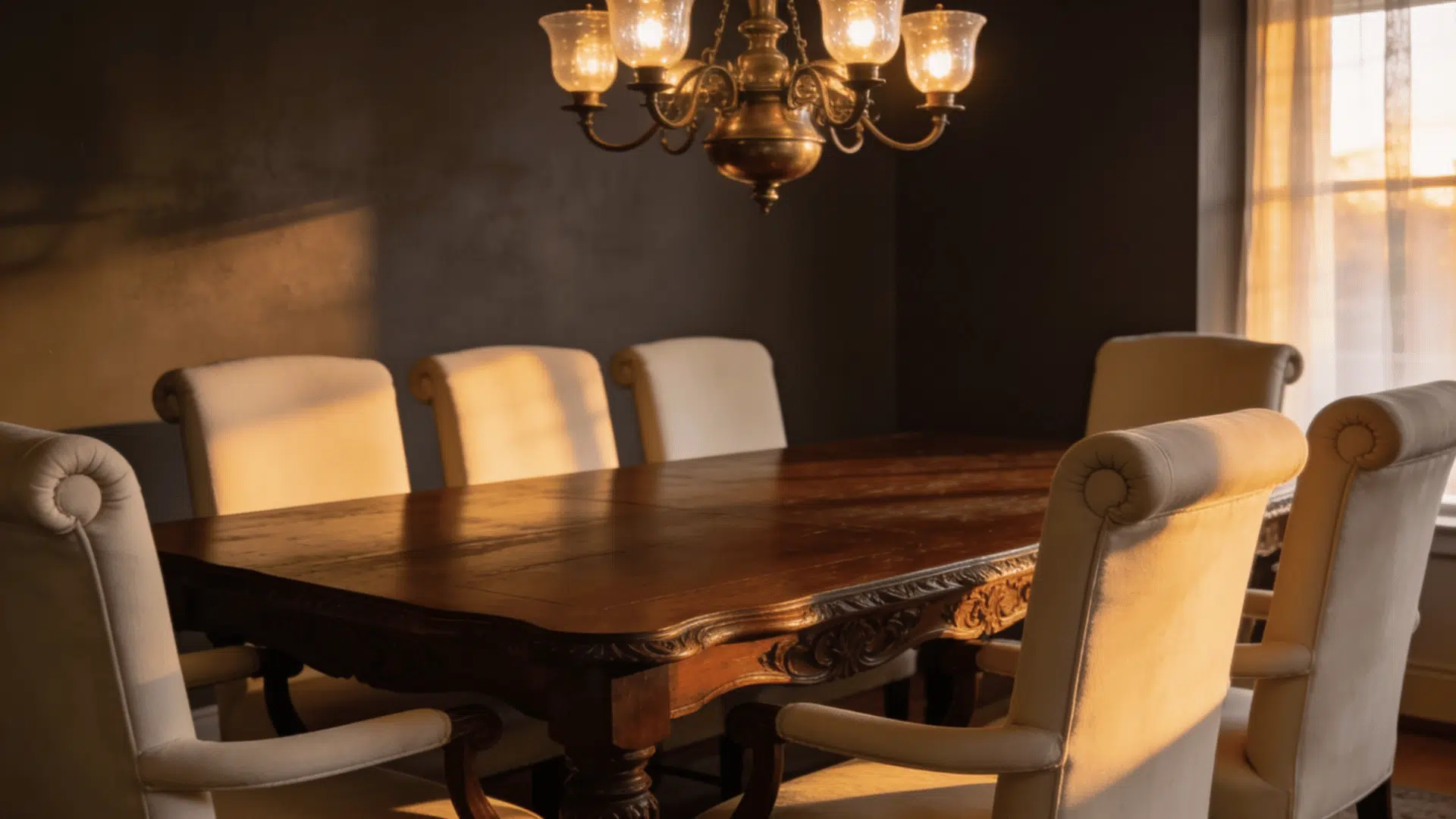 dining room with deep brown gray walls dark wood table cream chairs and warm evening lighting