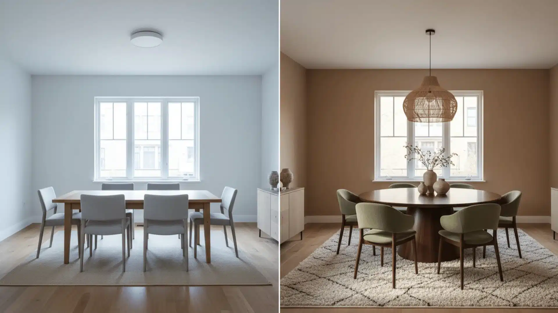 clay dining room update with walnut table curved chairs woven pendant ceramic centerpiece and warm light