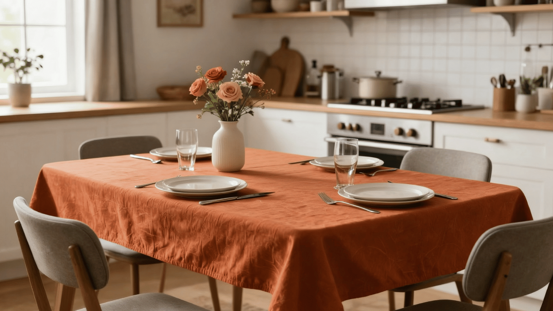 dining table set with place settings and a vase of flowers and a kitchen in the background