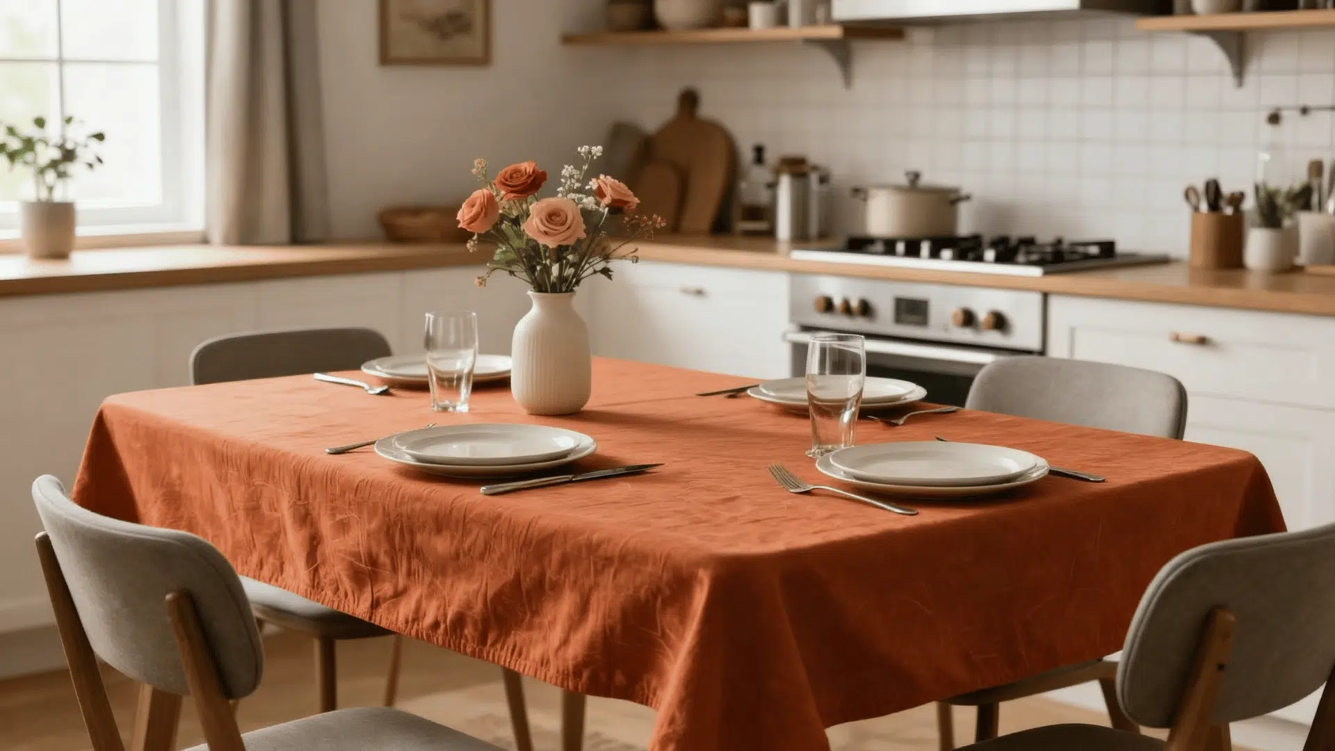 dining table set with place settings and a vase of flowers and a kitchen in the background