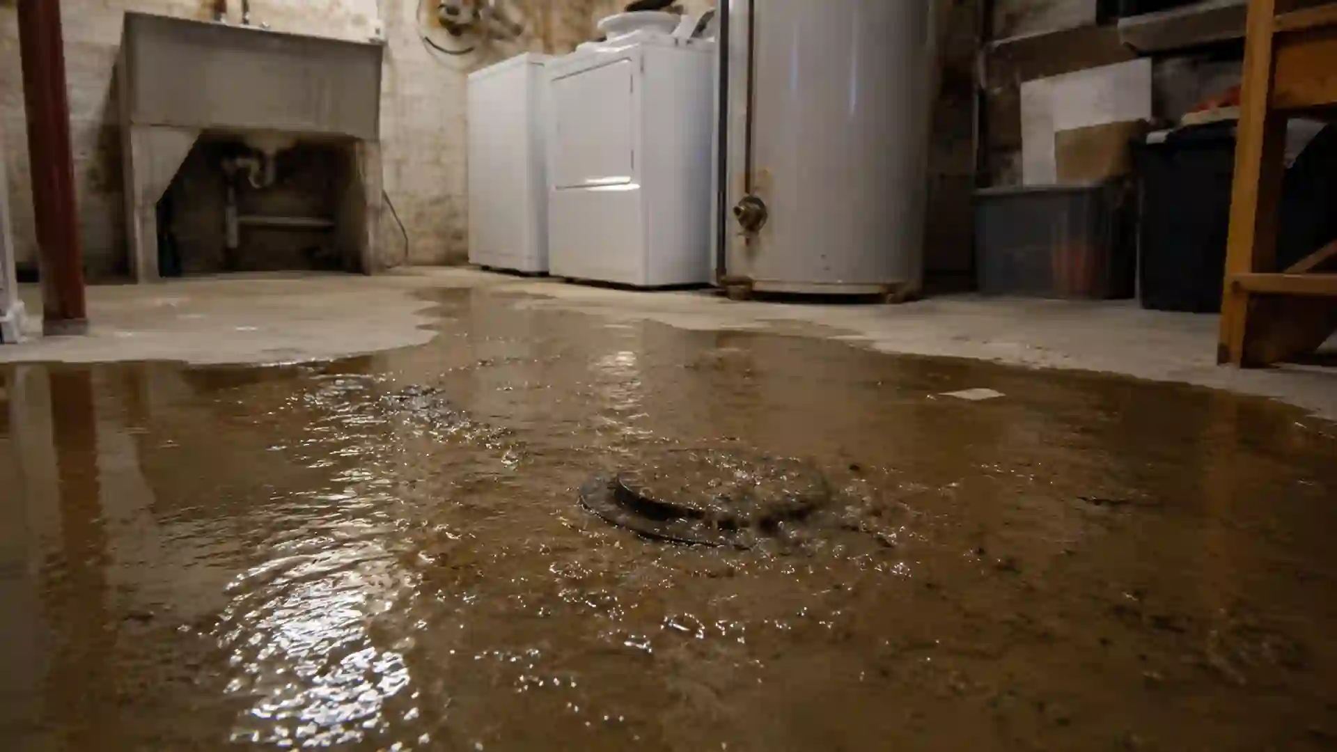 dirty sewage water backing up through basement floor drain near water heater and laundry area