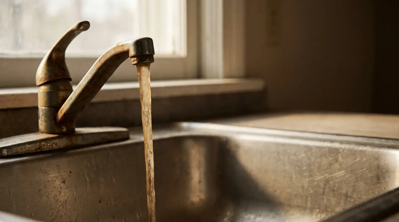 Rusty kitchen faucet with running water in dimly lit kitchen sink area