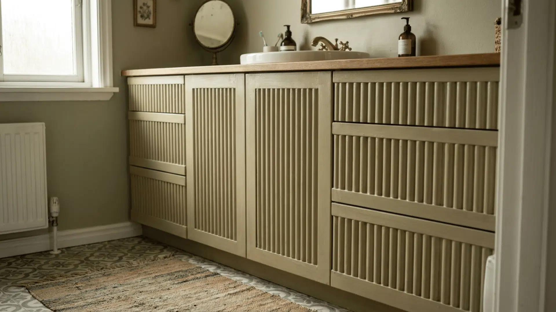diy bathroom vanity with fluted half-round trim across the door fronts catching soft natural light
