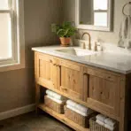diy wooden bathroom vanity with open shelf and sink in a bright modern bathroom