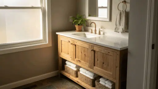diy wooden bathroom vanity with open shelf and sink in a bright modern bathroom