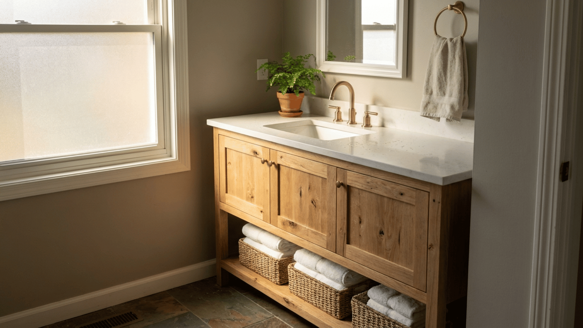 diy wooden bathroom vanity with open shelf and sink in a bright modern bathroom