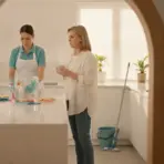 Cleaning professional organizing supplies on kitchen counter with woman holding coffee in bright kitchen