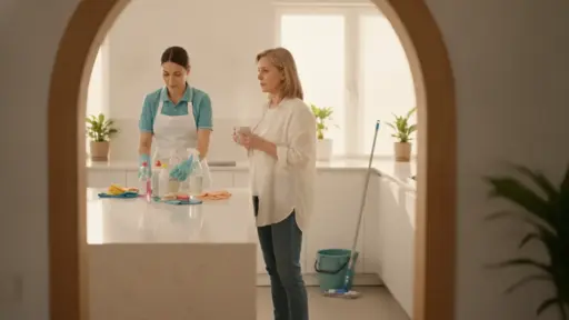 Cleaning professional organizing supplies on kitchen counter with woman holding coffee in bright kitchen