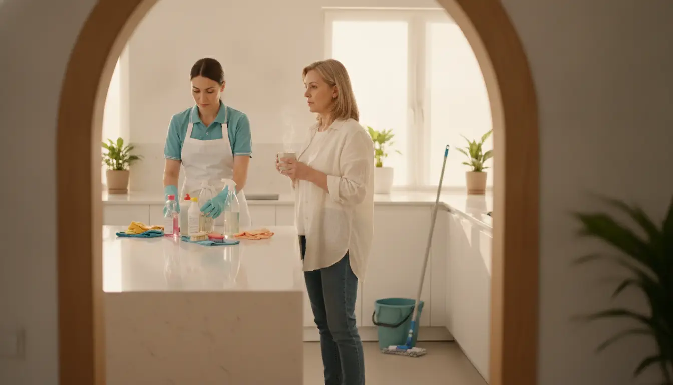 Cleaning professional organizing supplies on kitchen counter with woman holding coffee in bright kitchen