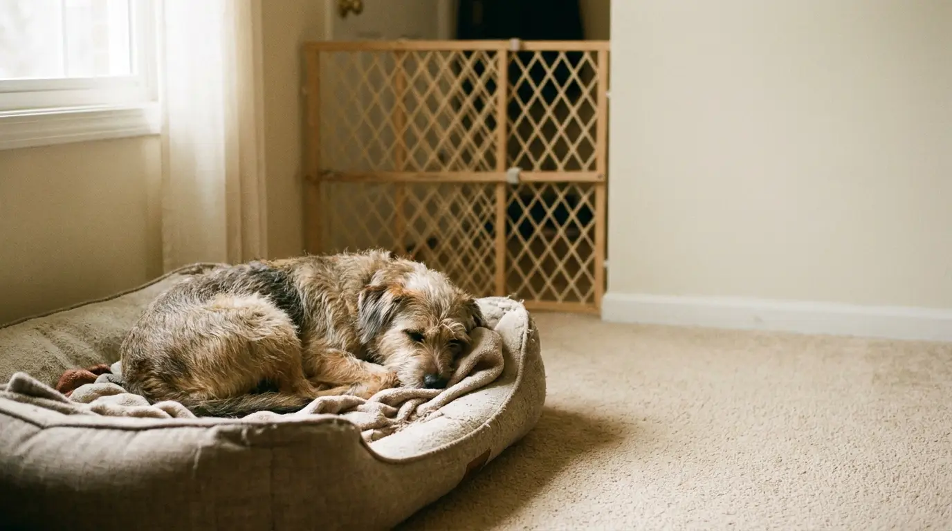 Dog sleeping on a cushioned bed in a softly lit room with a wooden floor barrier
