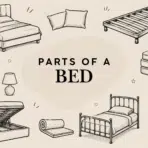 doodle style bed furniture and bedroom component illustrations arranged around a central space