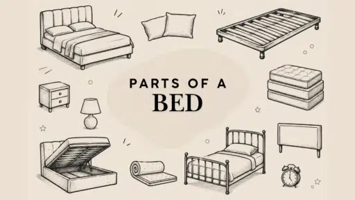 doodle style bed furniture and bedroom component illustrations arranged around a central space