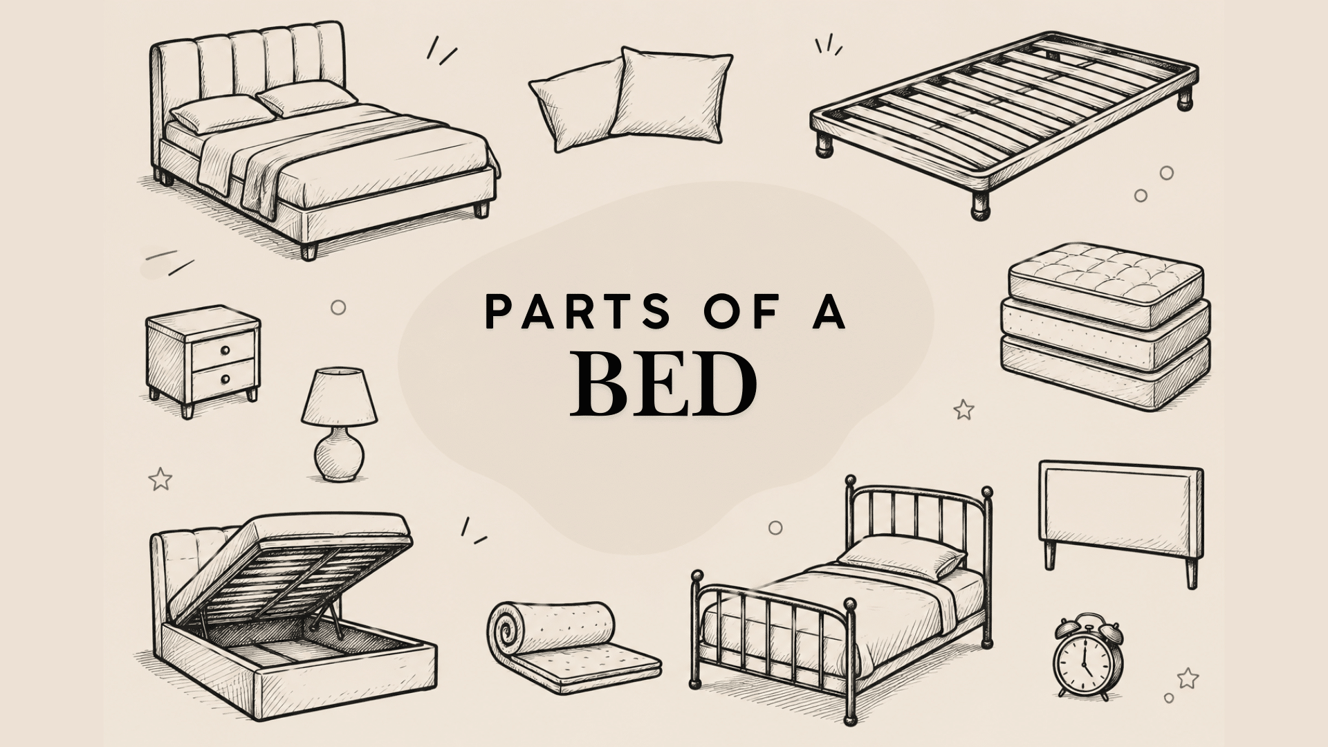 doodle style bed furniture and bedroom component illustrations arranged around a central space