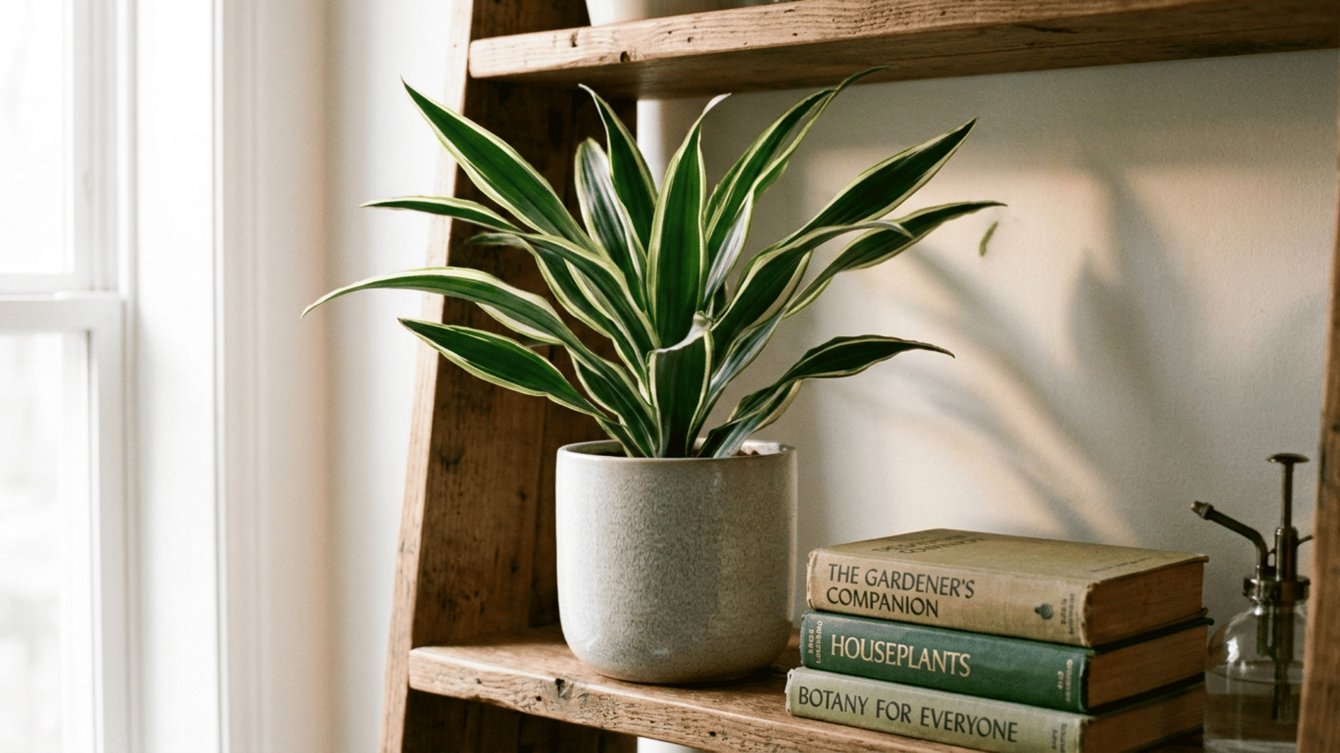 dracaena fragrans lindenii with dark green leaves and cream edges in a grey pot on a wooden shelf
