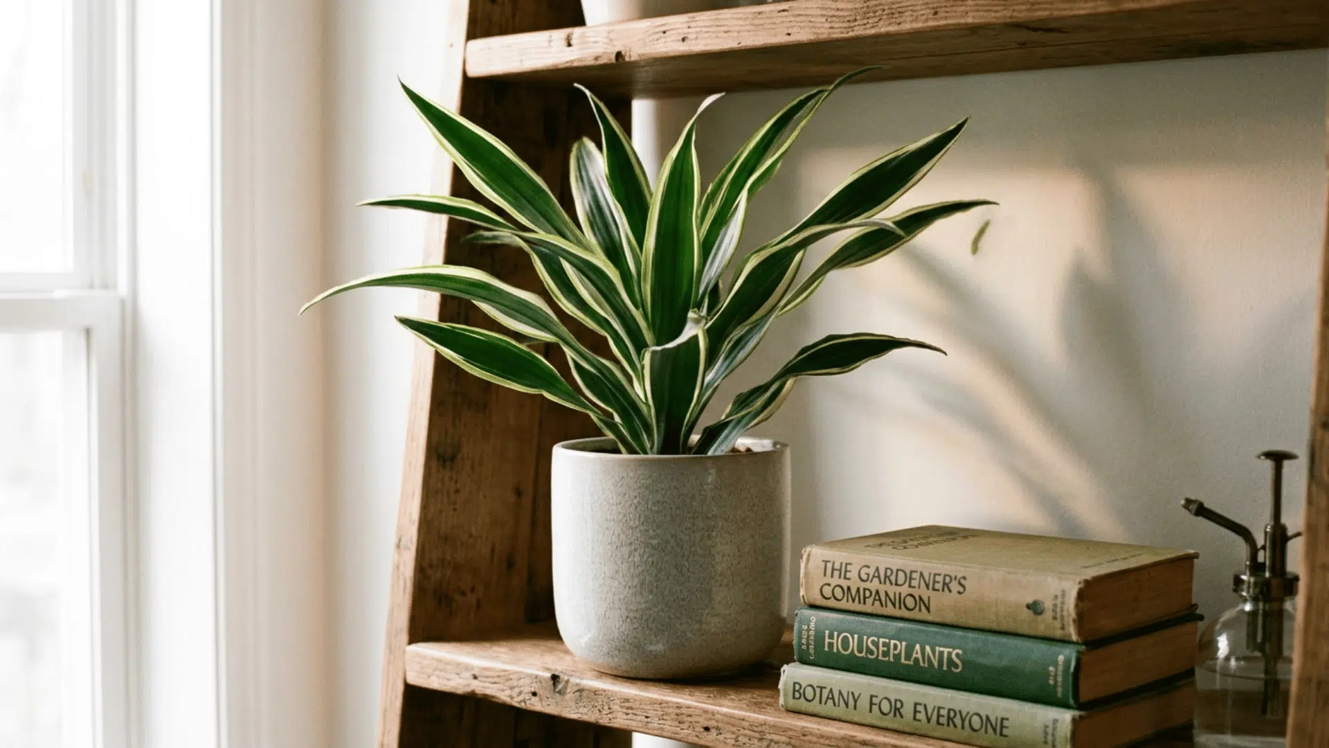 dracaena fragrans lindenii with dark green leaves and cream edges in a grey pot on a wooden shelf