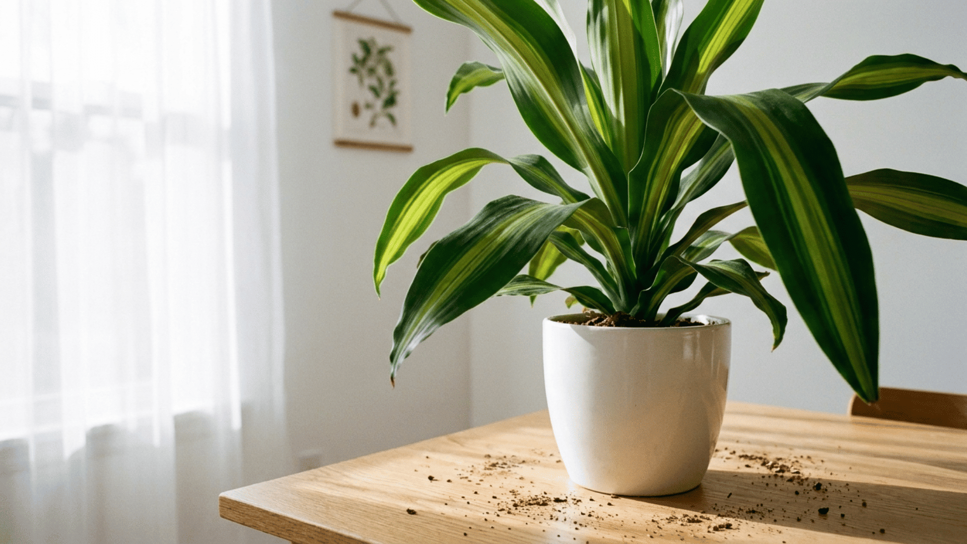 dracaena fragrans massangeana with bold yellow centre stripe in a white pot near a bright window