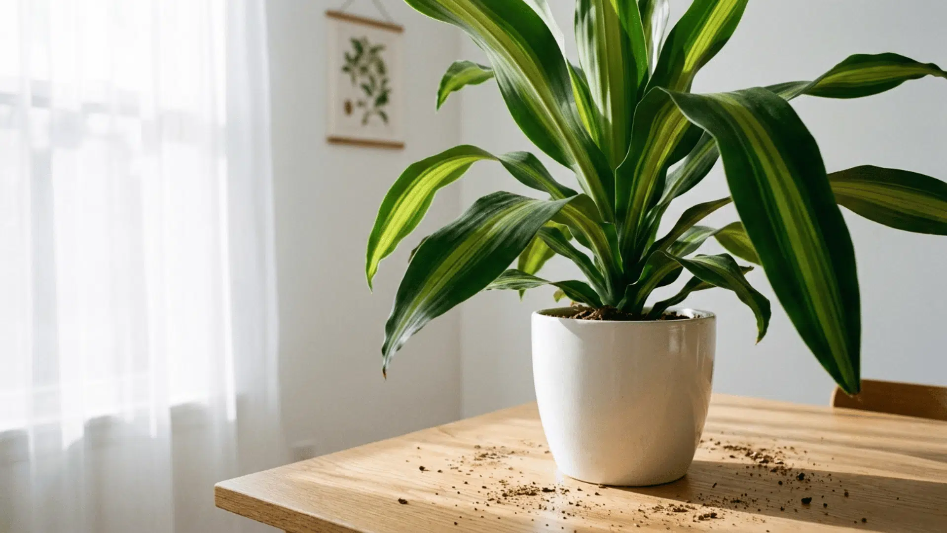 dracaena fragrans massangeana with bold yellow centre stripe in a white pot near a bright window