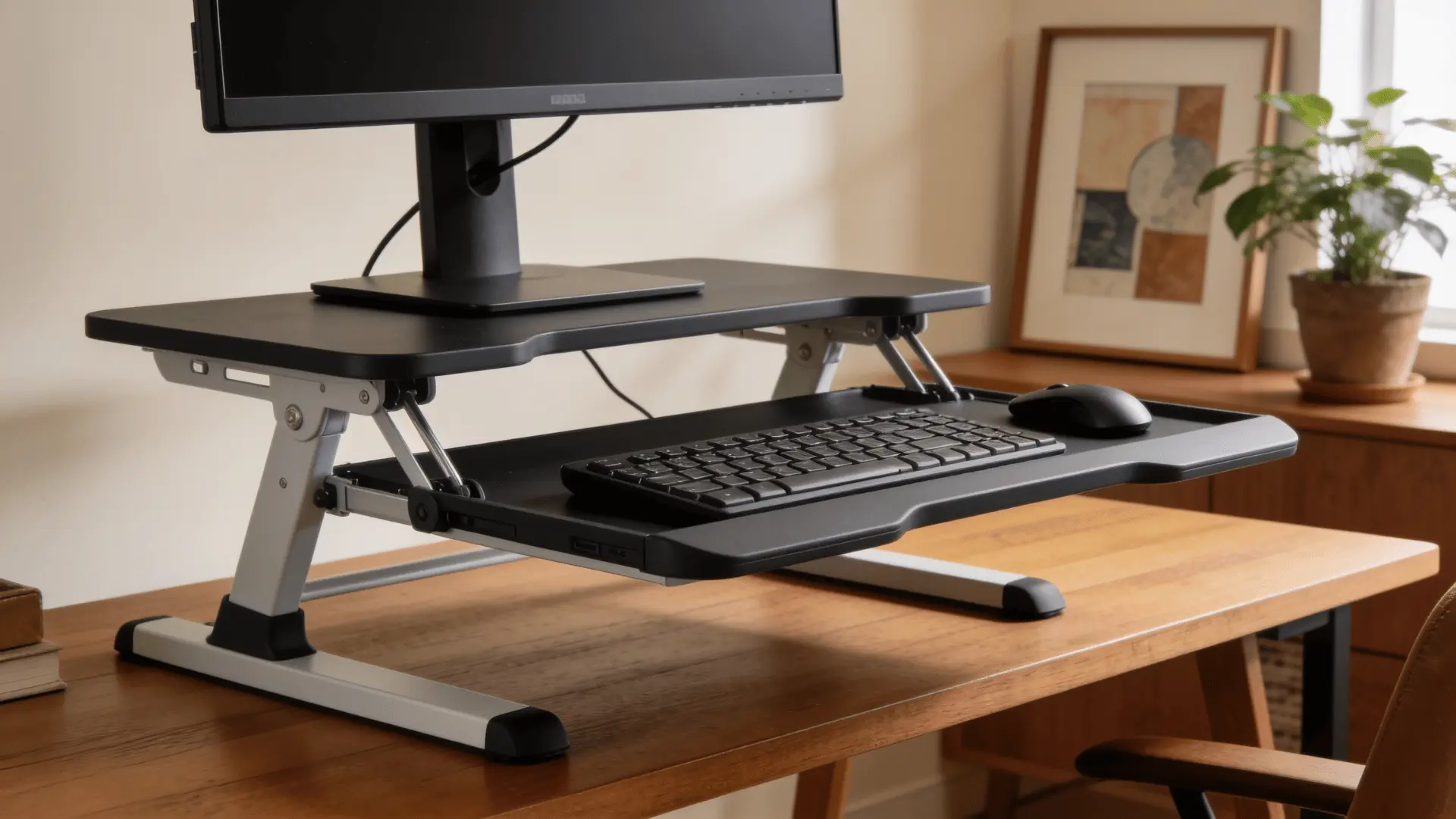modern dual tier desk converter featuring a top platform for a monitor and a lower tray for a keyboard and a mouse