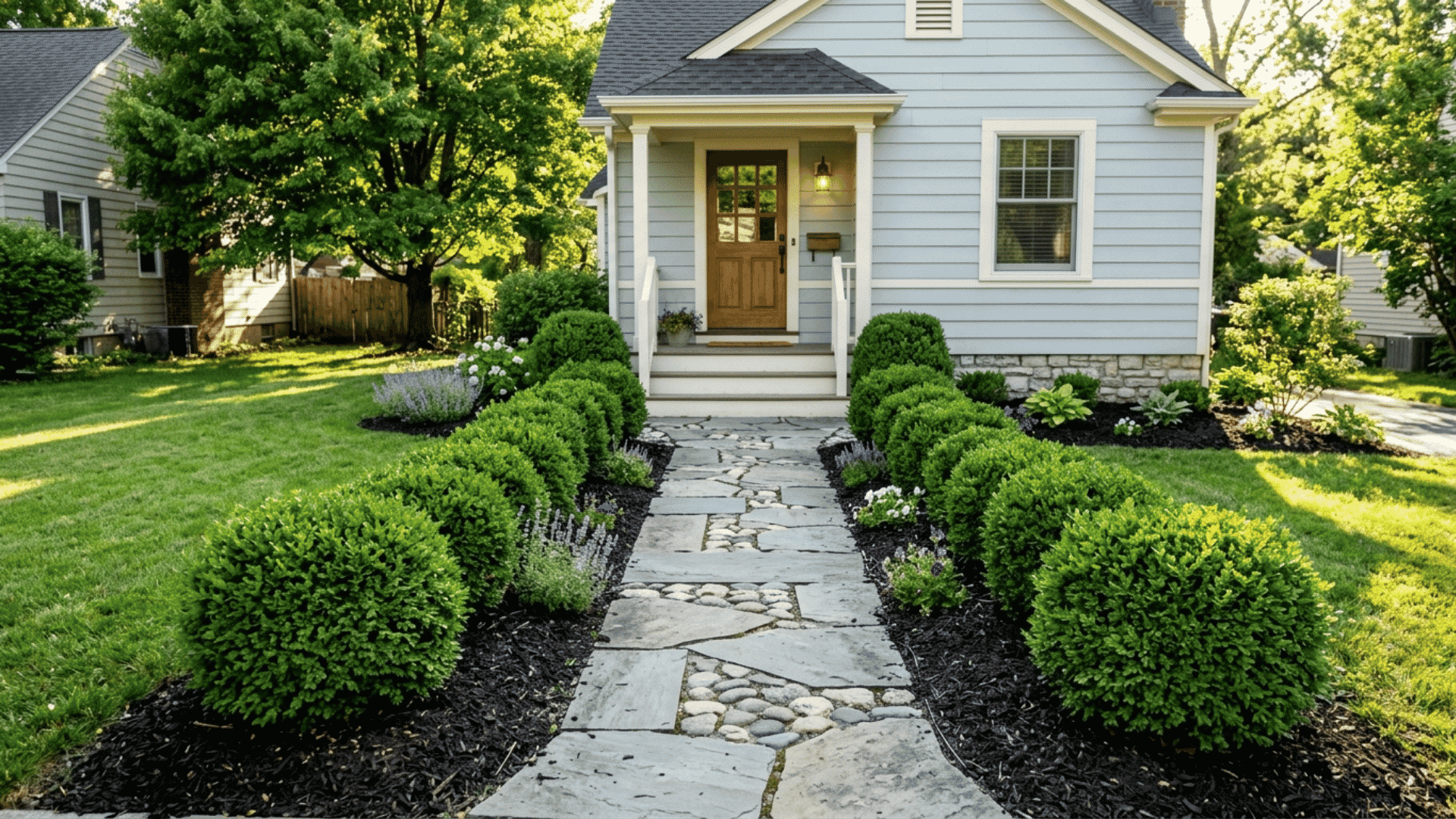 Dwarf boxwood compact dwarf boxwood shrubs bordering neat front yard stone walkway naturally