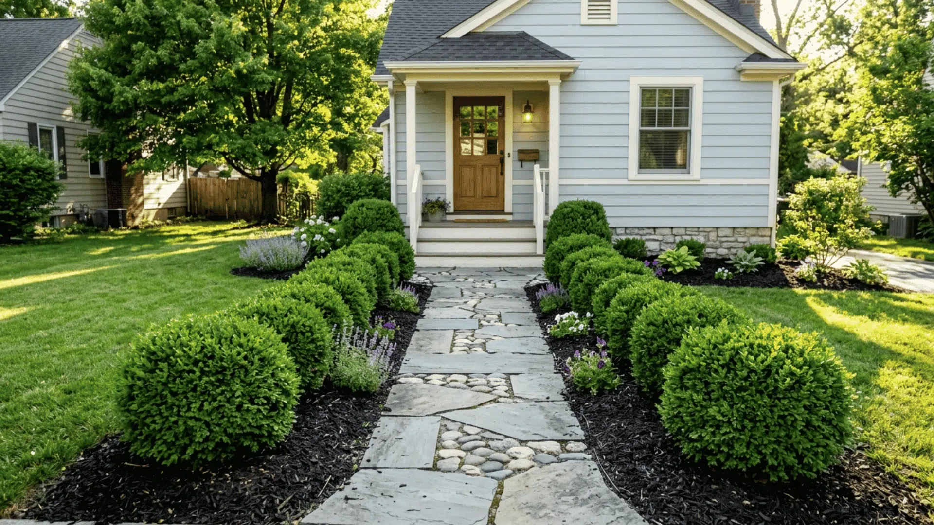 Dwarf boxwood compact dwarf boxwood shrubs bordering neat front yard stone walkway naturally