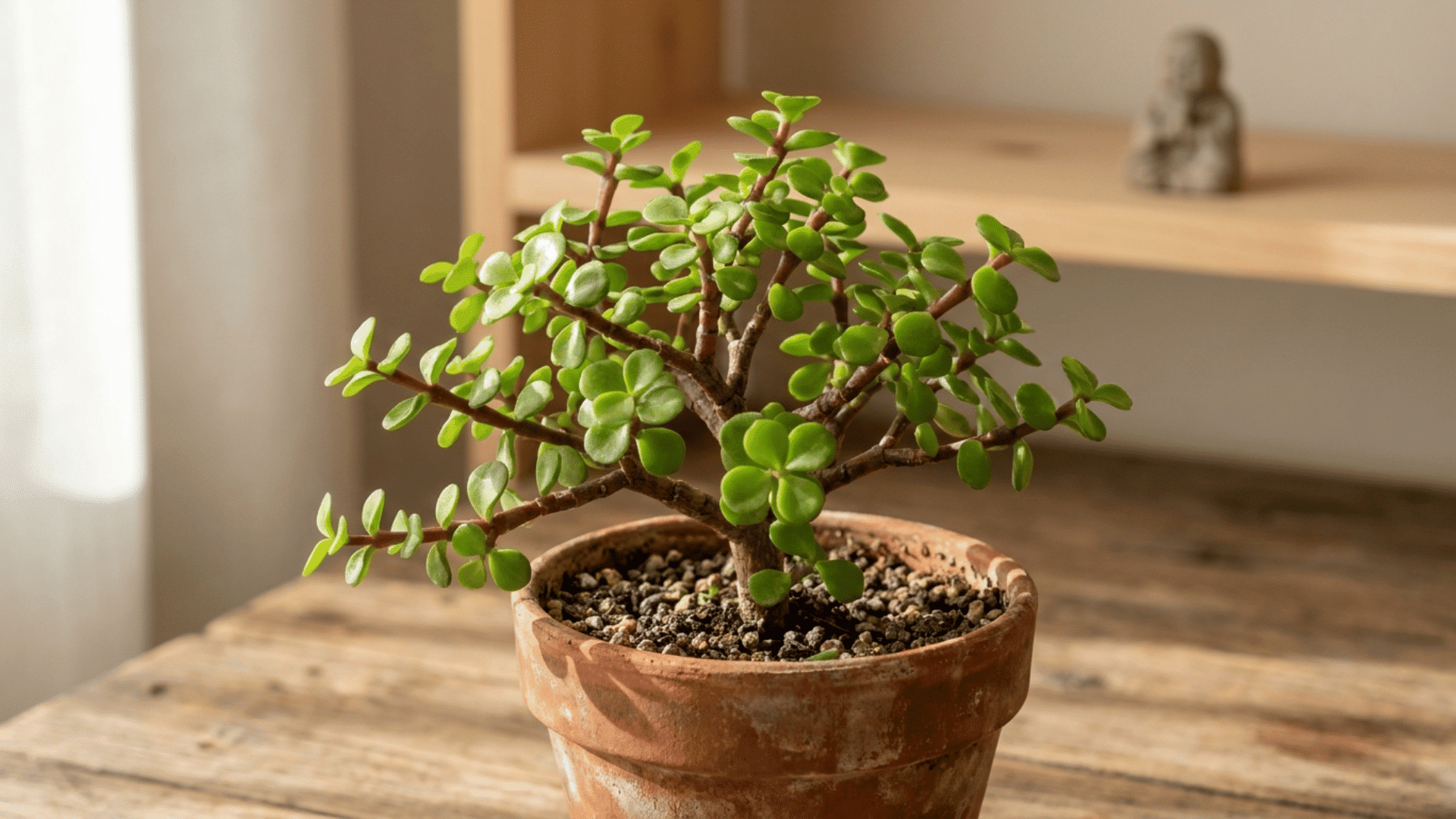 dwarf jade plant with small round leaves on reddish brown stems in a terracotta pot