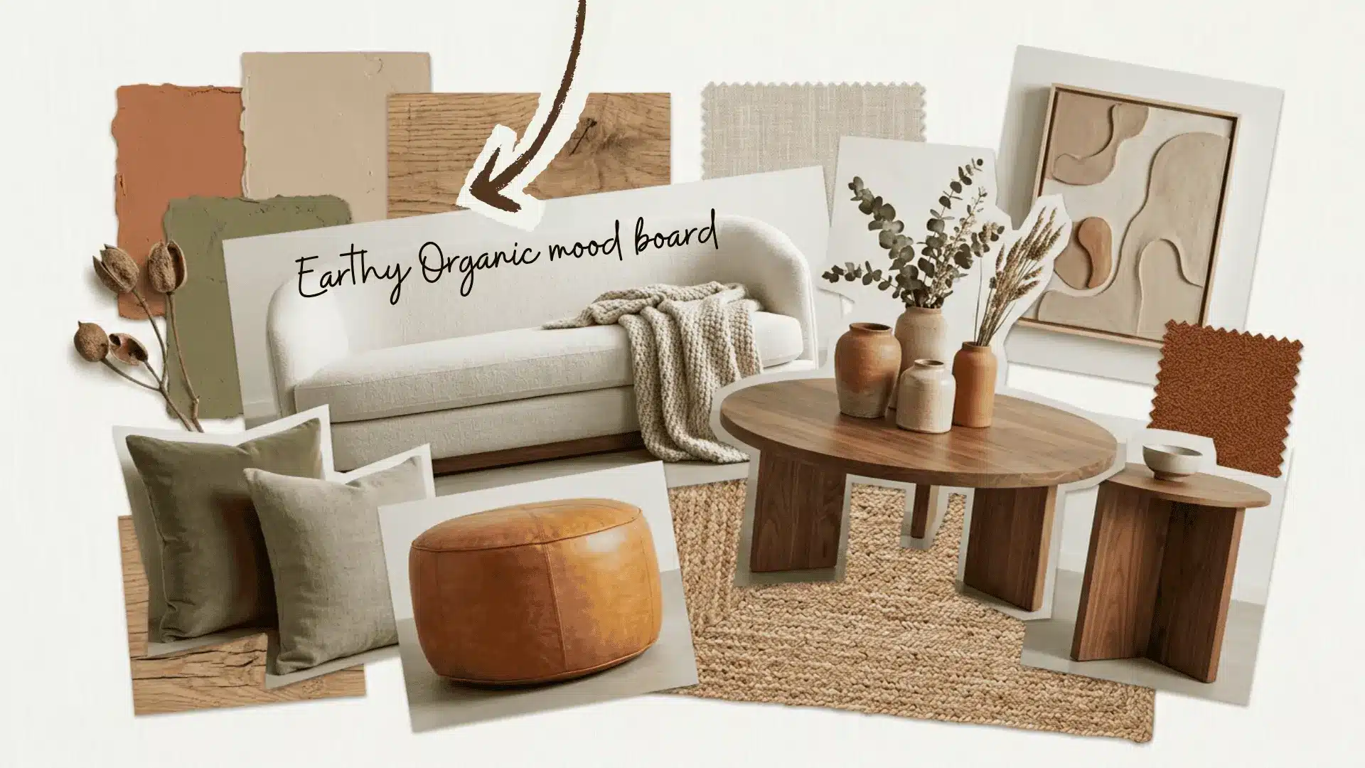 earthy organic mood board with clay olive walnut jute leather pouf ceramic vases and textured sofa