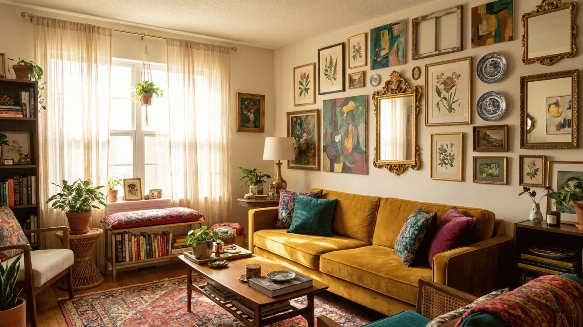 eclectic gallery wall with artwork mirrors and decorative object