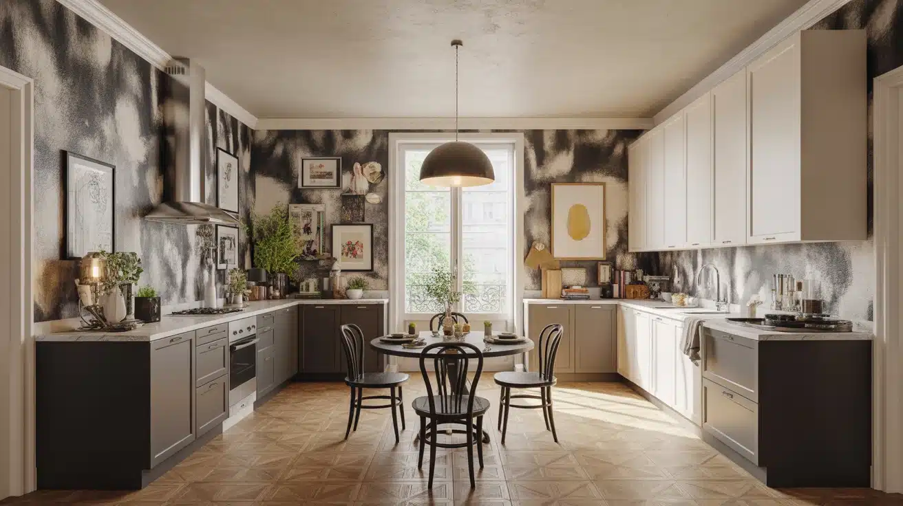 Eclectic black and white kitchen with bold abstract wallpaper accent wall and vintage dining setup