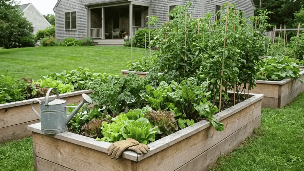 raised vegetable garden beds with leafy greens on a gentle backyard slope