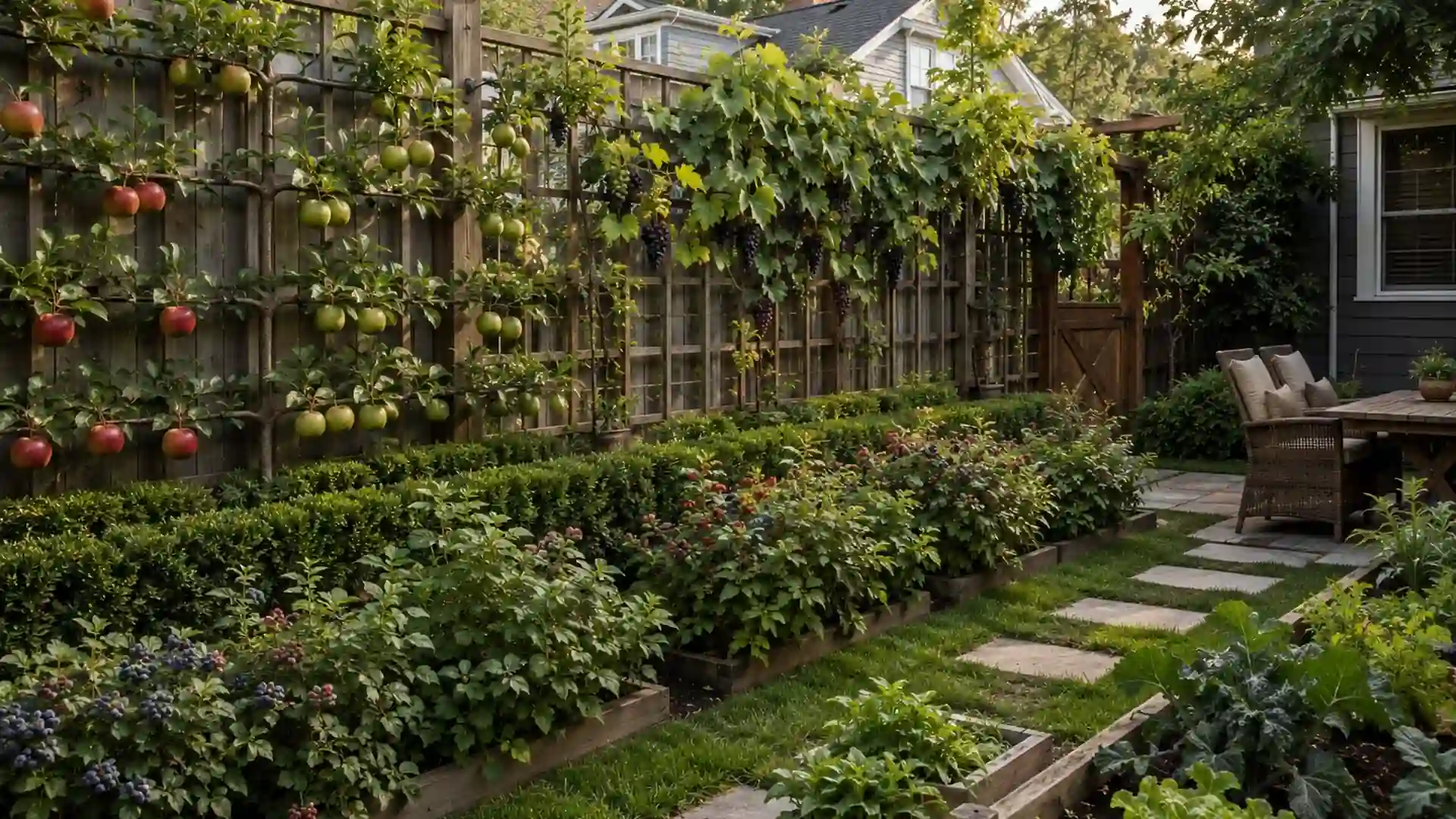 backyard edible garden with espalier fruit trees, grapevine trellis, berry hedges, and raised garden beds