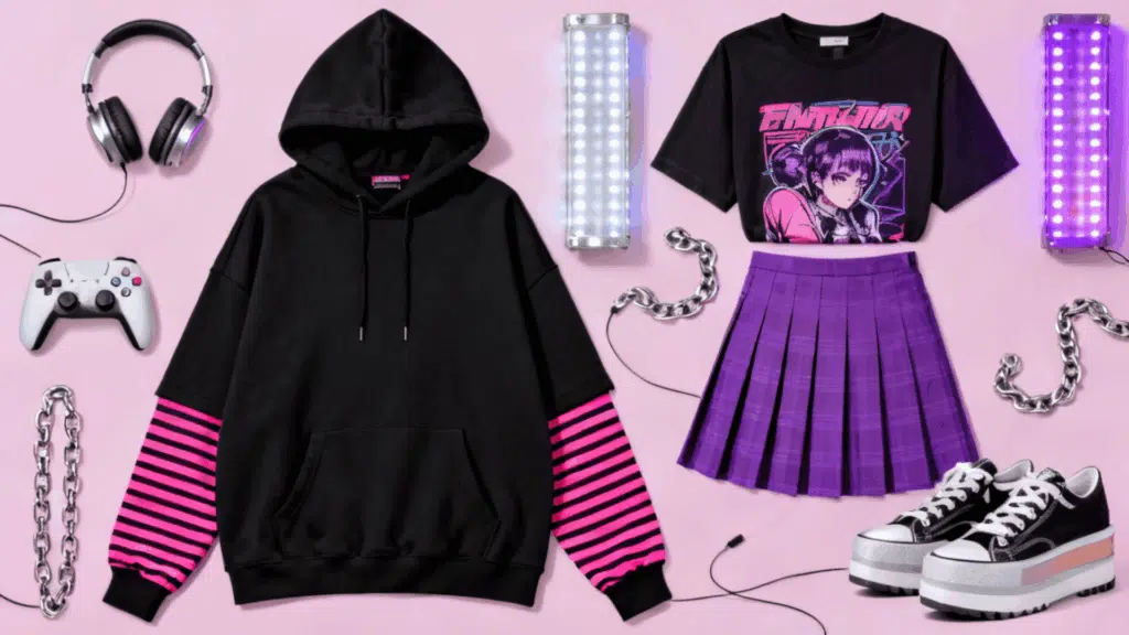 egirl and eboy aesthetic with graphic clothing striped sleeves layered chains and gaming inspired style