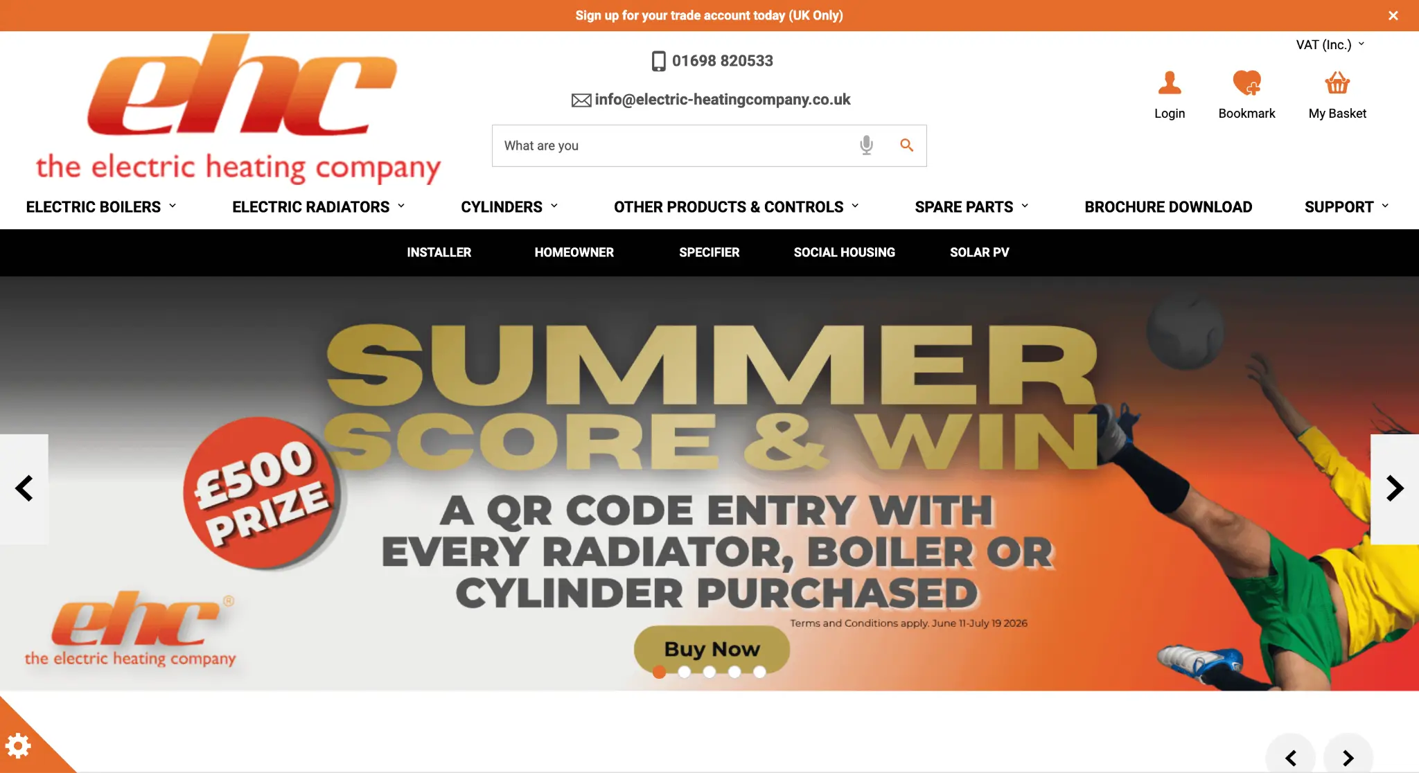 Website header with electric heating company logo and promotional summer contest banner featuring football imagery