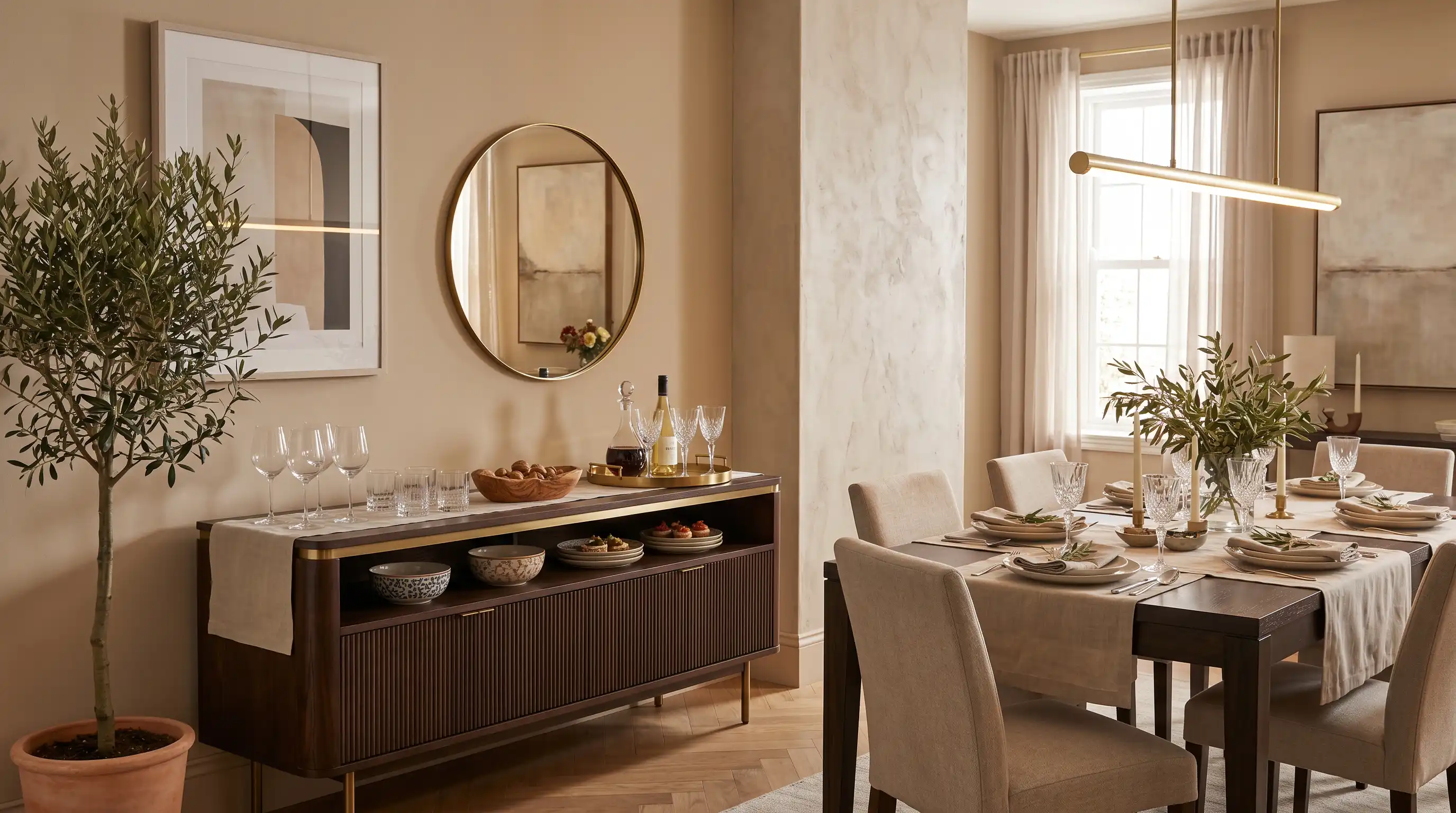 Elegant dining room featuring a dark wood sideboard, a round brass mirror, and a set dining table with neutral linens and modern lighting