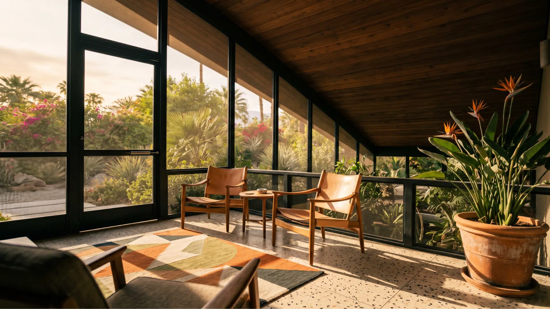 elevated deck with glass railings and retractable screens gives this design a light, open feel (1)