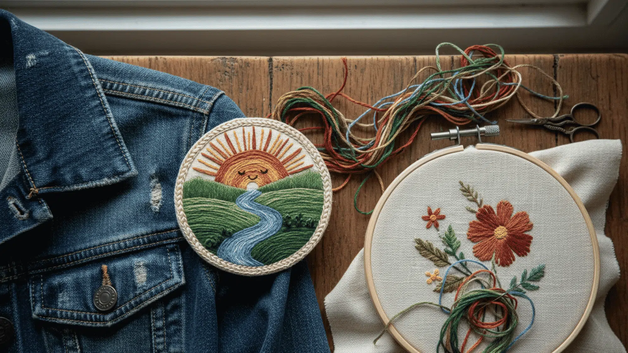 embroidered patch beside a denim jacket and embroidery hoop with thread