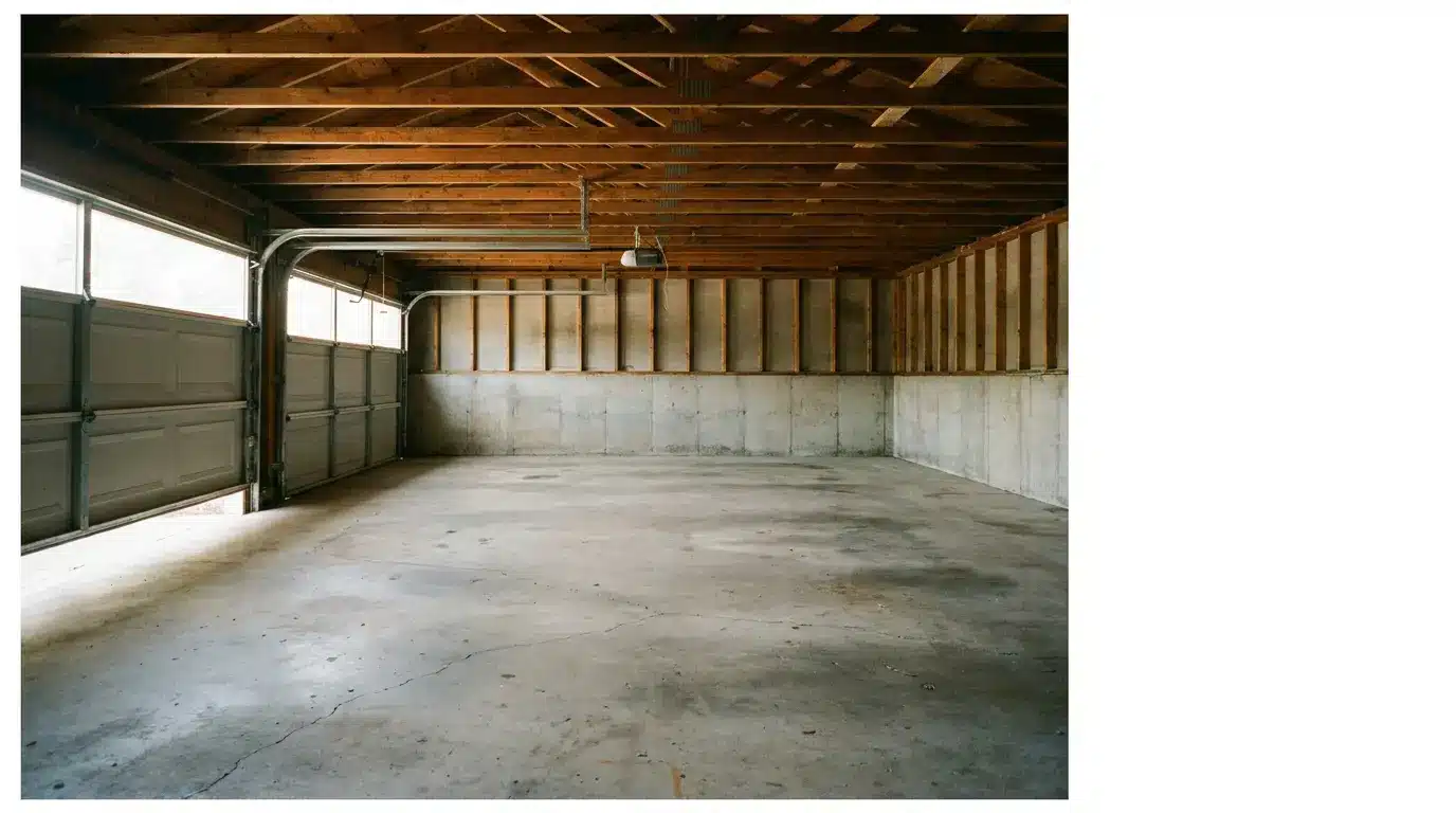 Empty garage interior with concrete floor and wooden rafters, natural light filtering in