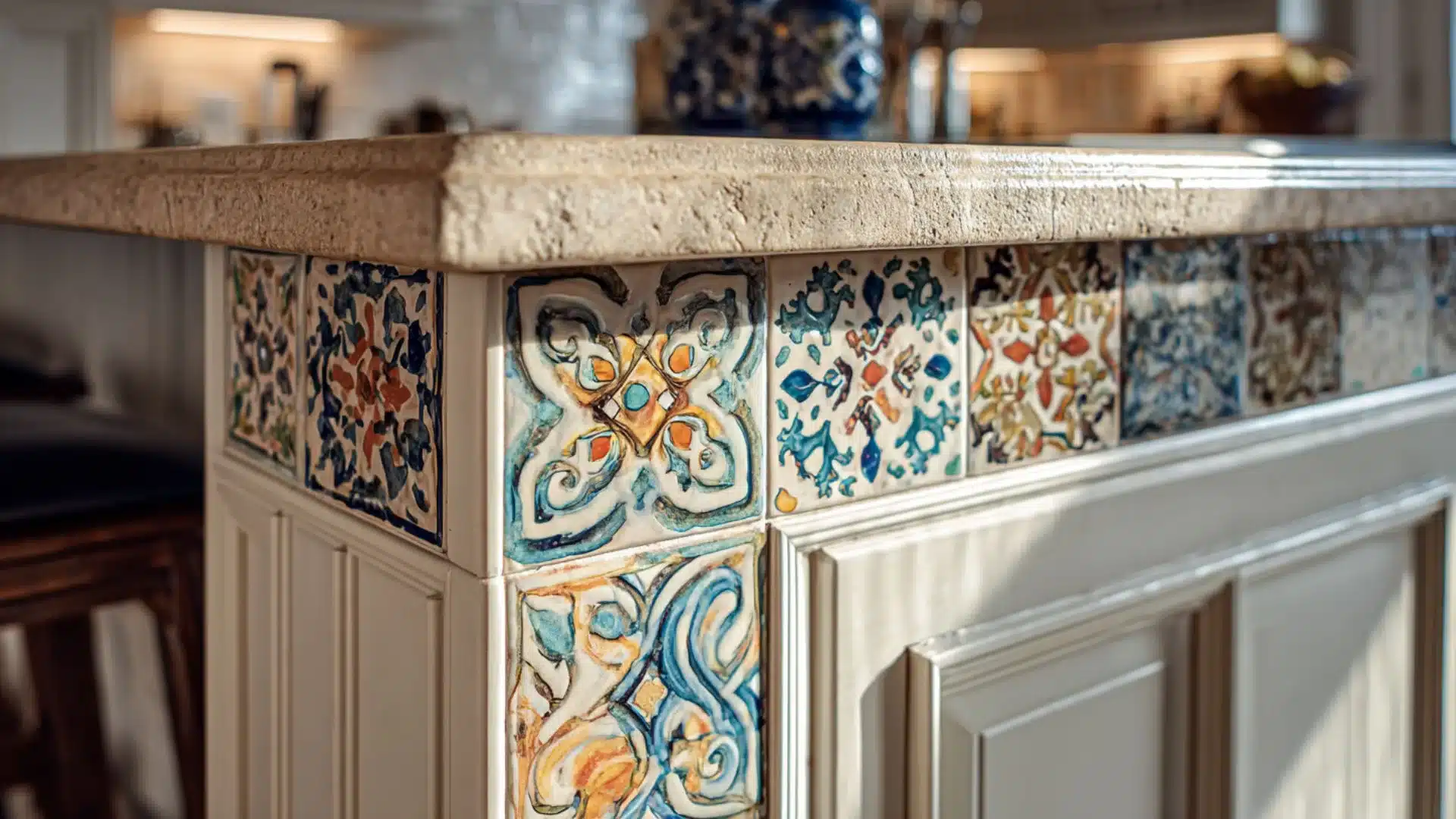 colorful hand-painted encaustic tiles covering kitchen island base panel below a thick stone countertop
