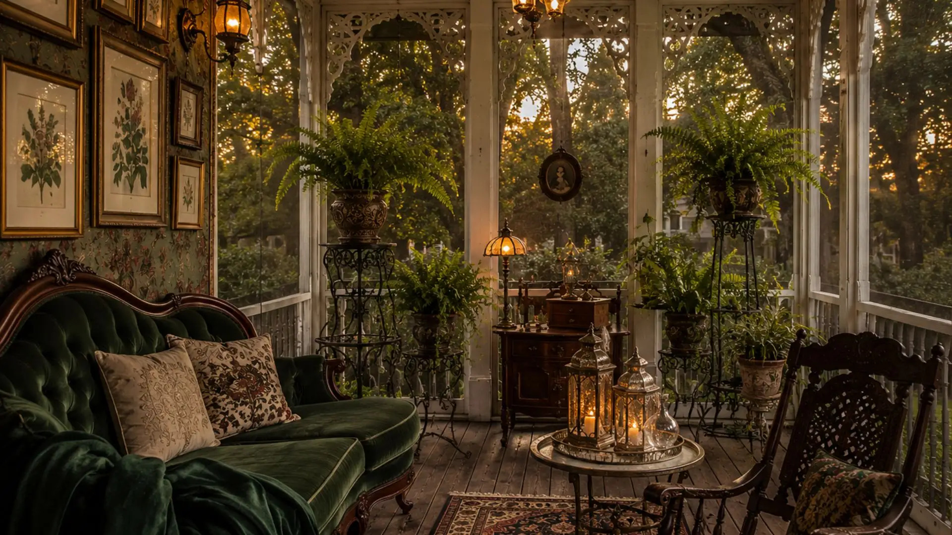 deep green tufted velvet sofa beside tall cast-iron plant stands holding lush ferns and silver lanterns