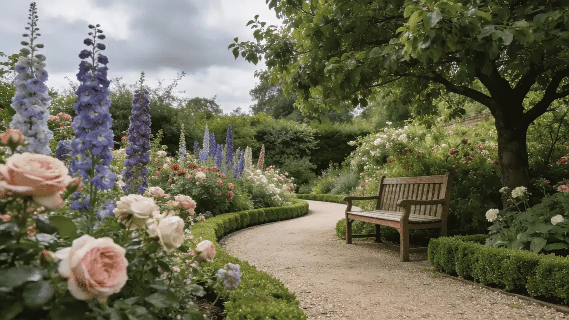 a lush english cottage garden with dense flowering borders brick pathways and a classic wooden bench