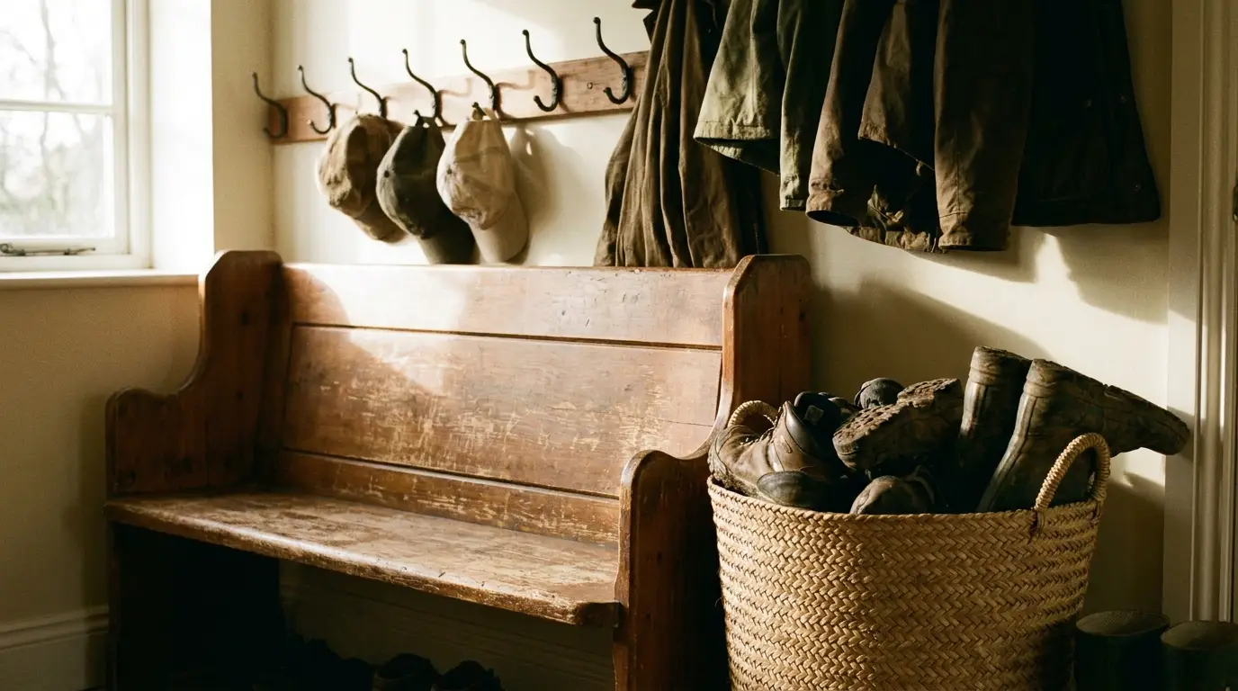 Wooden bench and wicker basket with boots in rustic mudroom lit by natural light