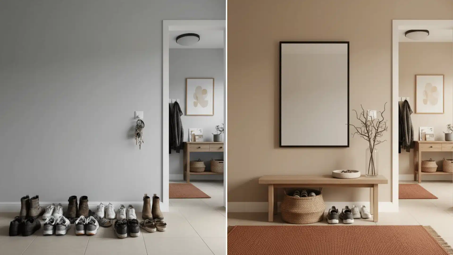 entryway before and after with oak bench rust runner woven basket mirror stone tray and shoes hidden