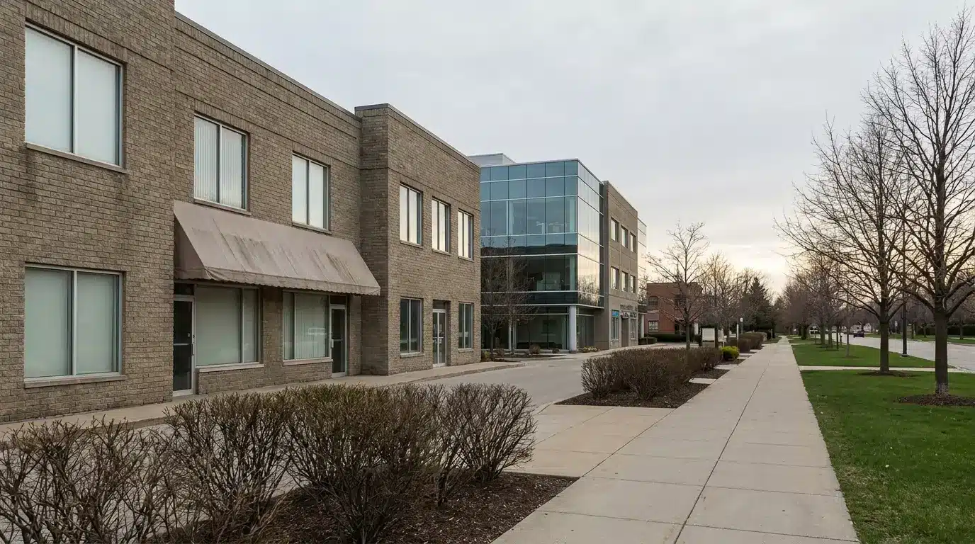 Brick office buildings and glass-fronted structure along a tree-lined sidewalk in a suburban area