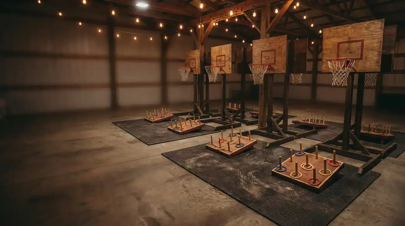 Indoor rustic basketball setup with multiple hoops, ring toss boards, and string lights in wooden barn