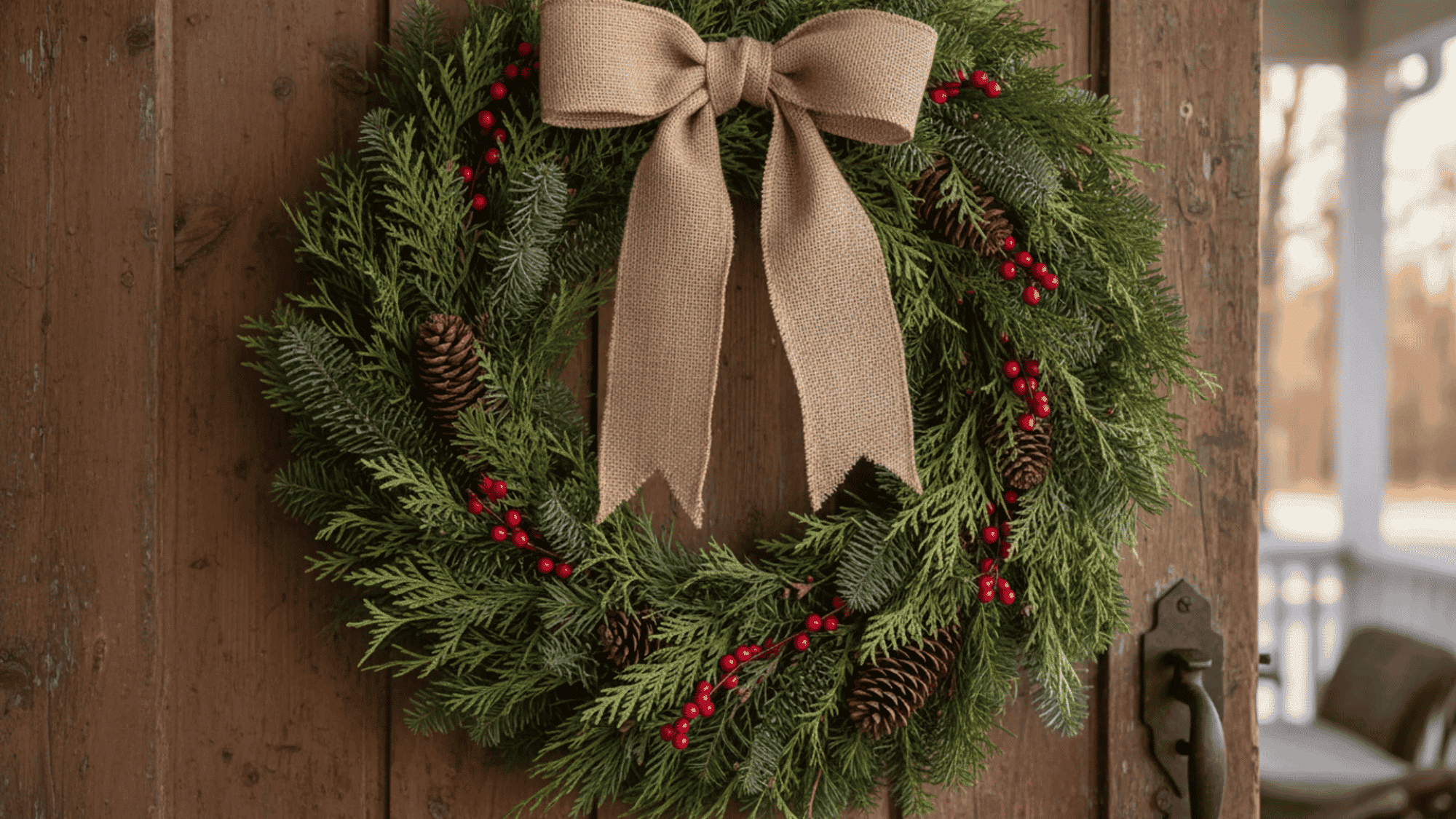 evergreen wreath with pinecones, red berries, and burlap ribbon on a wooden door