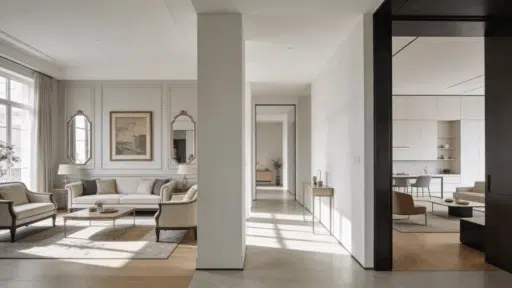 evolution of drawing room from traditional formal style to modern living space in a realistic interior with natural light and clean architectural design
