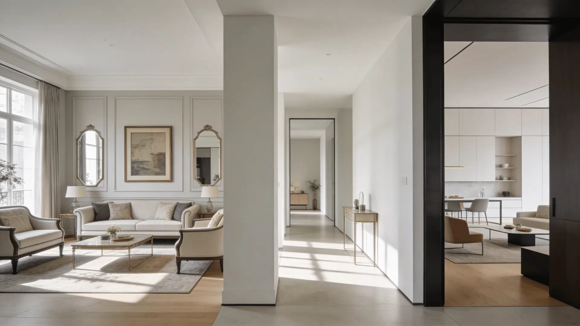 evolution of drawing room from traditional formal style to modern living space in a realistic interior with natural light and clean architectural design