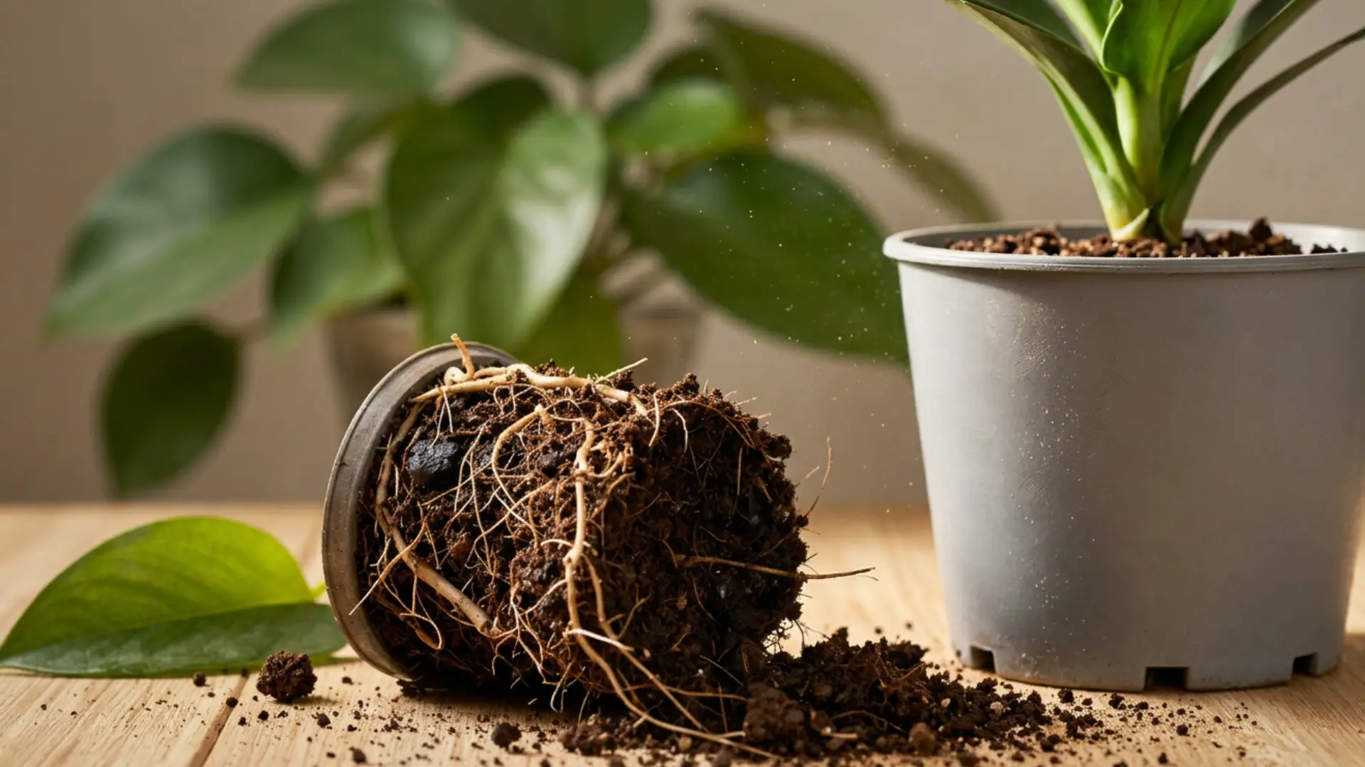 exposed plant roots and spilled soil beside a potted green houseplant on a table