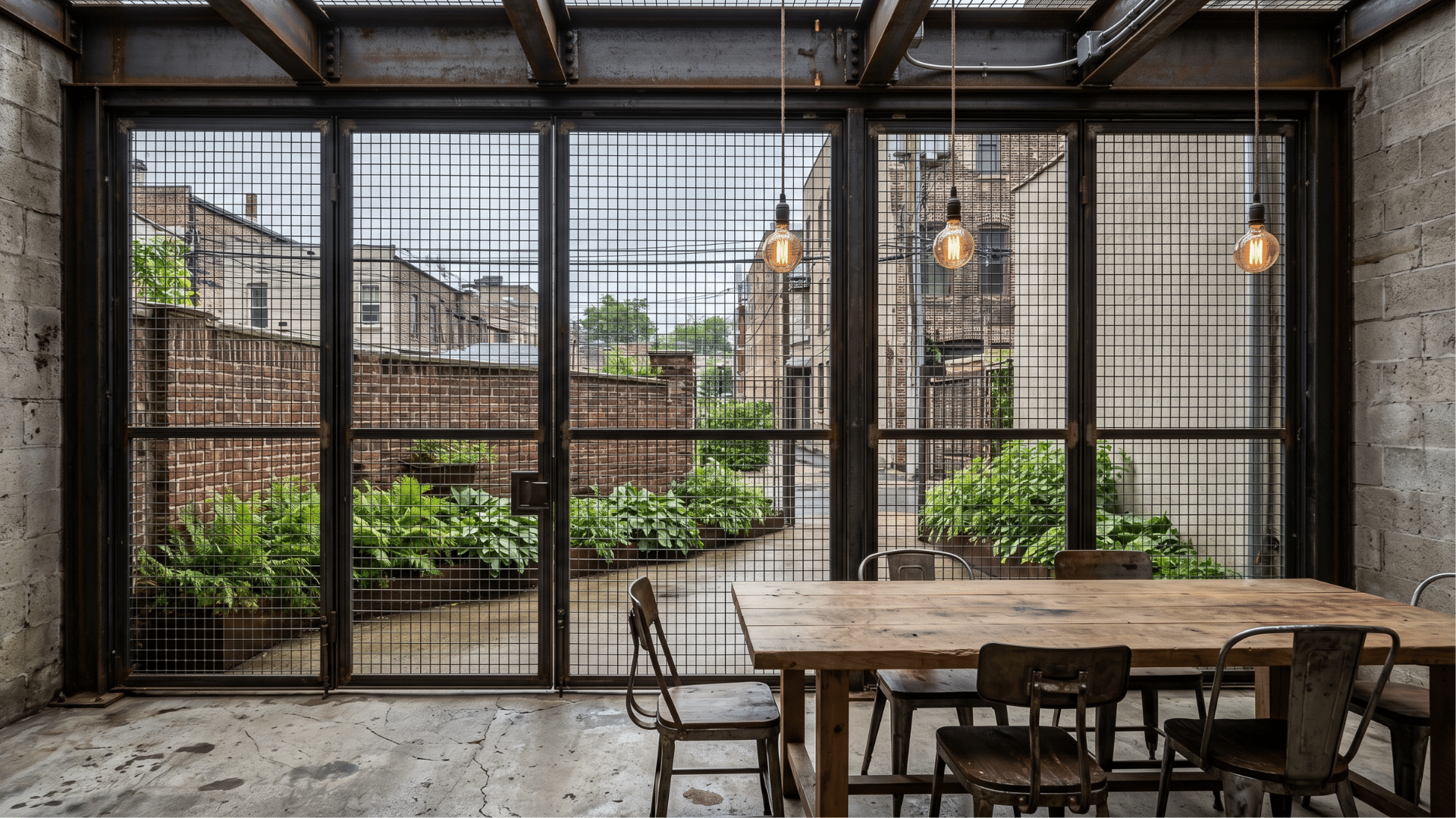 exposed steel beams, concrete walls, and edison bulb lighting create an urban industrial feel