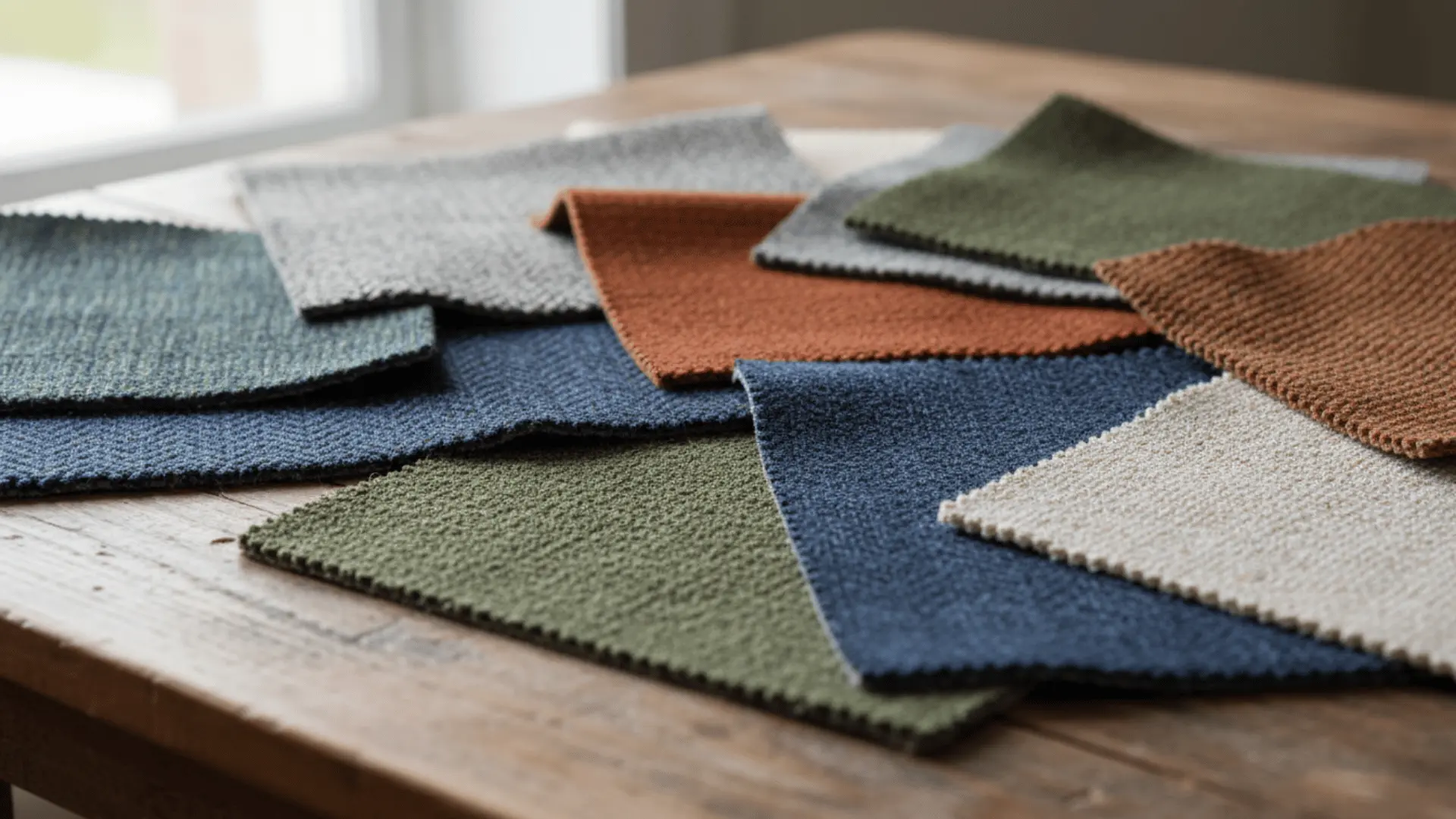 overlapping textured fabric swatches in blue green gray cream rust and brown spread across a wooden table
